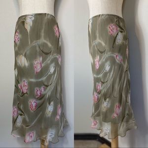 Vintage 90s green floral print silk midi skirt